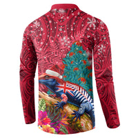 New Zealand Tuatara Christmas Button Sweatshirt Silver Fern and Xmas Pohutukawa Tree Red Color LT03 - Polynesian Pride
