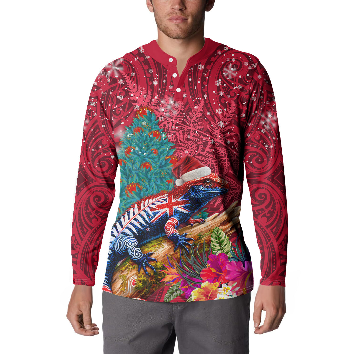 New Zealand Tuatara Christmas Button Sweatshirt Silver Fern and Xmas Pohutukawa Tree Red Color LT03 - Polynesian Pride