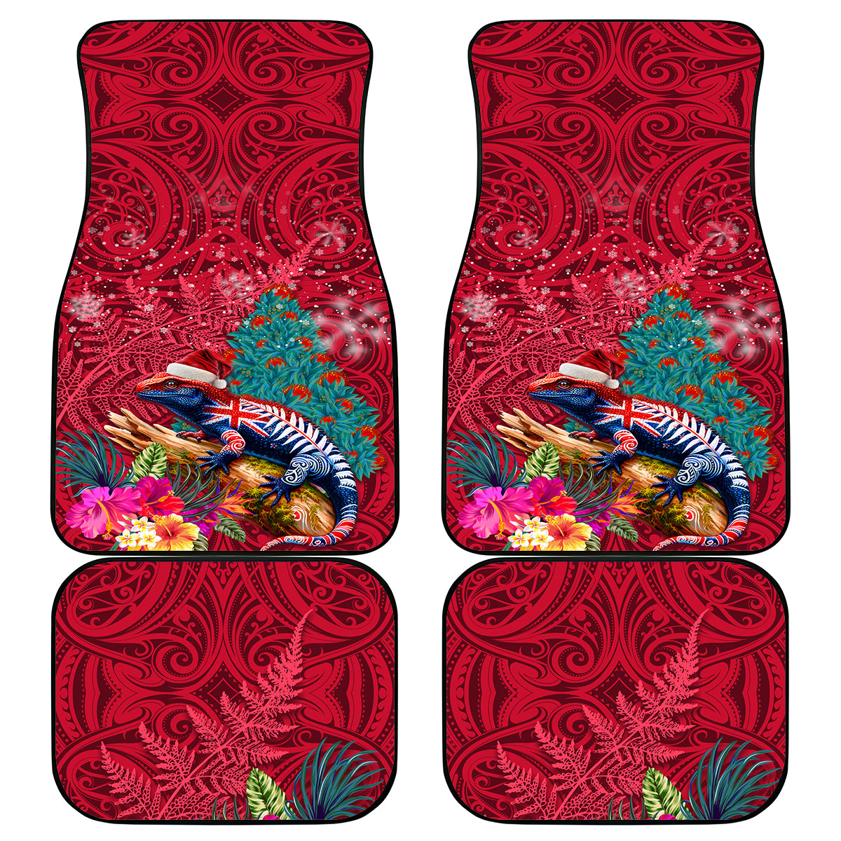 New Zealand Tuatara Christmas Car Mats Silver Fern and Xmas Pohutukawa Tree Red Color LT03 - Polynesian Pride