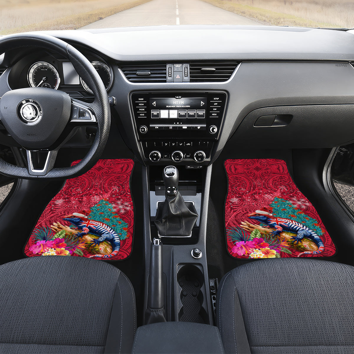 New Zealand Tuatara Christmas Car Mats Silver Fern and Xmas Pohutukawa Tree Red Color LT03 Set 2pcs - Front Red - Polynesian Pride