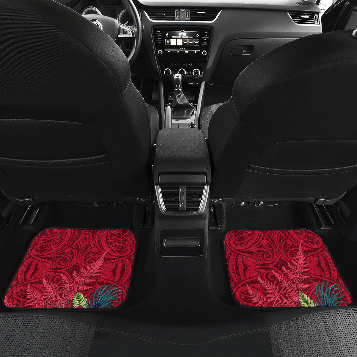 New Zealand Tuatara Christmas Car Mats Silver Fern and Xmas Pohutukawa Tree Red Color LT03 Set 2pcs - Back Red - Polynesian Pride