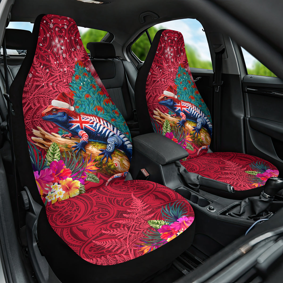 New Zealand Tuatara Christmas Car Seat Cover Silver Fern and Xmas Pohutukawa Tree Red Color LT03 One Size Red - Polynesian Pride