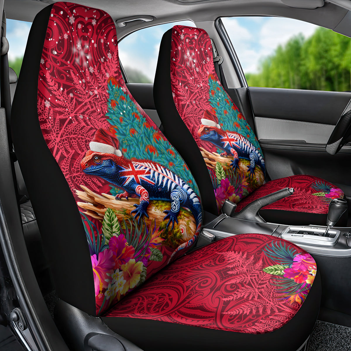 New Zealand Tuatara Christmas Car Seat Cover Silver Fern and Xmas Pohutukawa Tree Red Color LT03 - Polynesian Pride