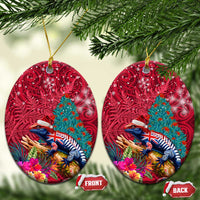 New Zealand Tuatara Christmas Ceramic Ornament Silver Fern and Xmas Pohutukawa Tree Red Color LT03 Oval Red - Polynesian Pride