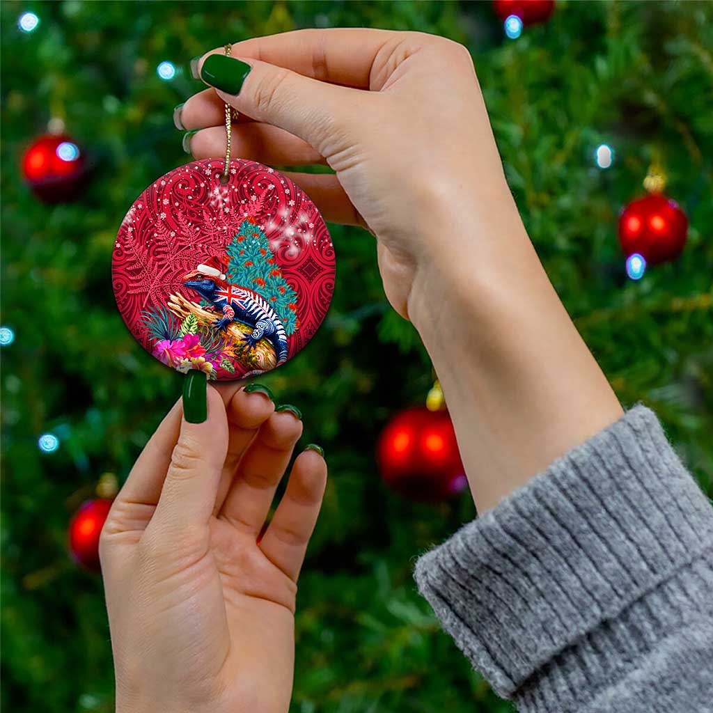 New Zealand Tuatara Christmas Ceramic Ornament Silver Fern and Xmas Pohutukawa Tree Red Color LT03 - Polynesian Pride