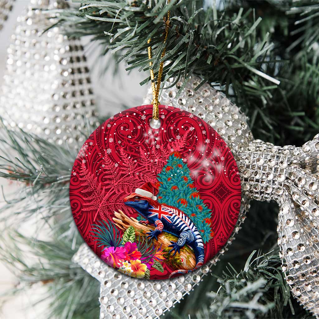 New Zealand Tuatara Christmas Ceramic Ornament Silver Fern and Xmas Pohutukawa Tree Red Color LT03 - Polynesian Pride