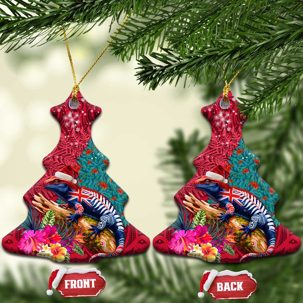 New Zealand Tuatara Christmas Ceramic Ornament Silver Fern and Xmas Pohutukawa Tree Red Color LT03 Christmas Tree Red - Polynesian Pride