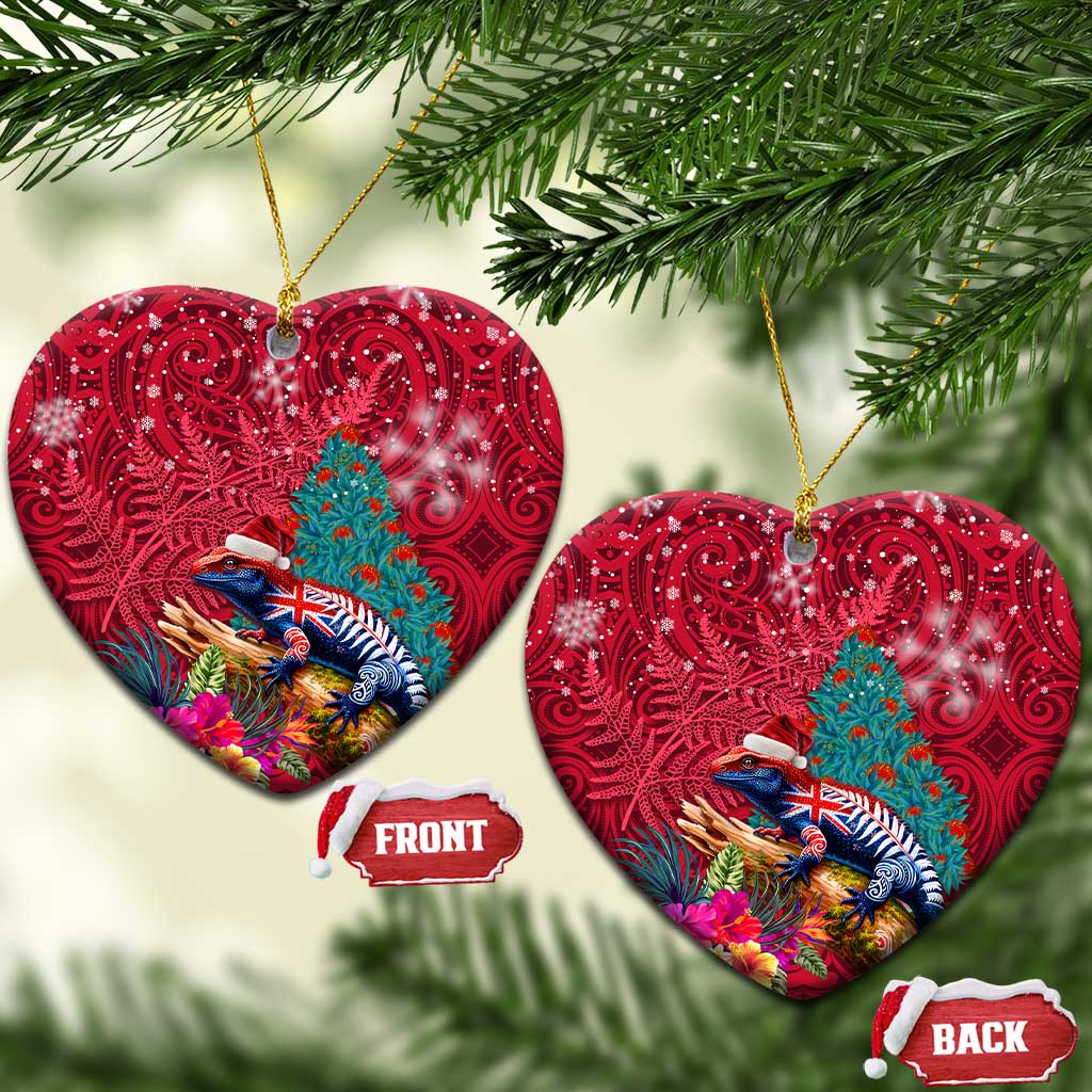 New Zealand Tuatara Christmas Ceramic Ornament Silver Fern and Xmas Pohutukawa Tree Red Color LT03 Heart Red - Polynesian Pride