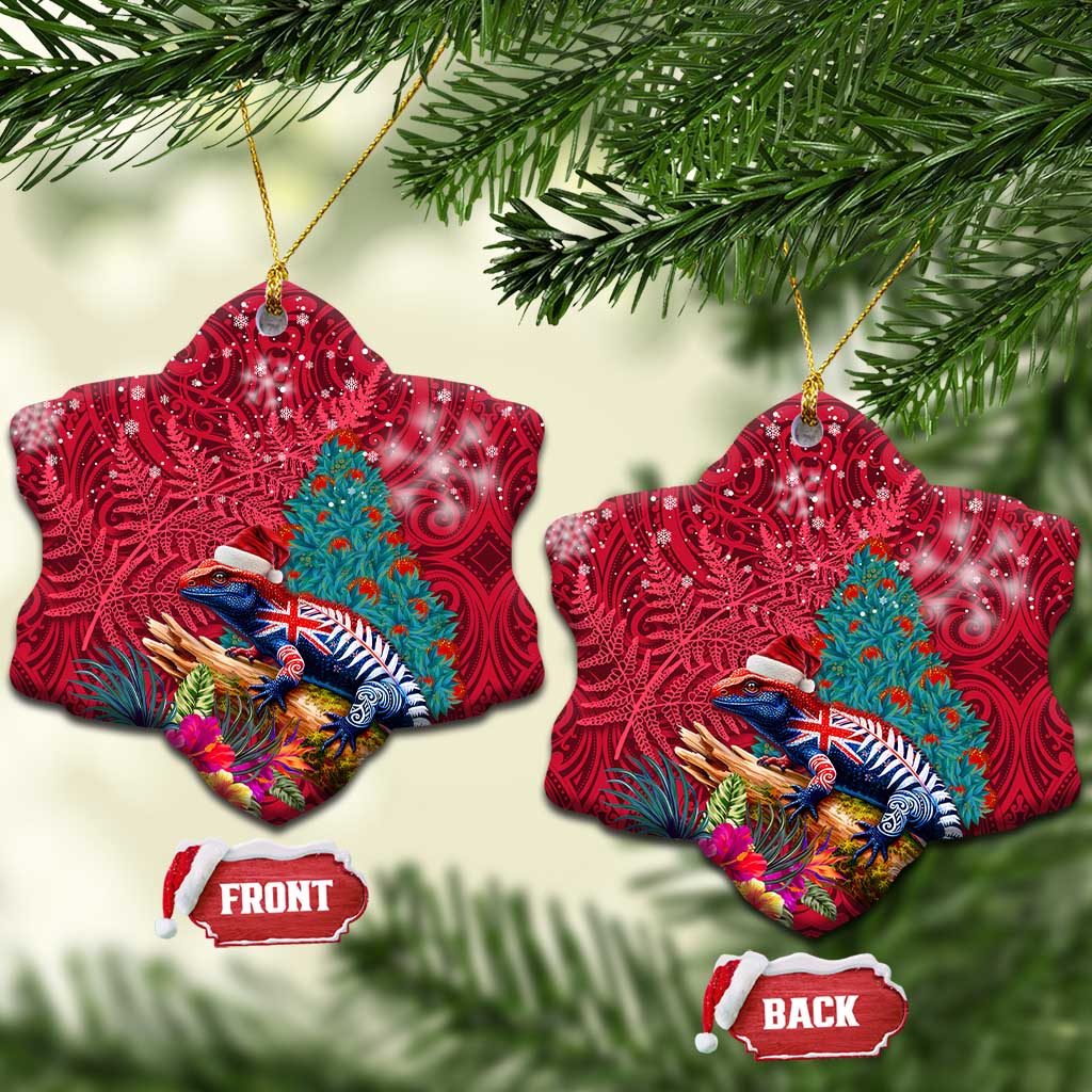 New Zealand Tuatara Christmas Ceramic Ornament Silver Fern and Xmas Pohutukawa Tree Red Color LT03 Snow Flake Red - Polynesian Pride