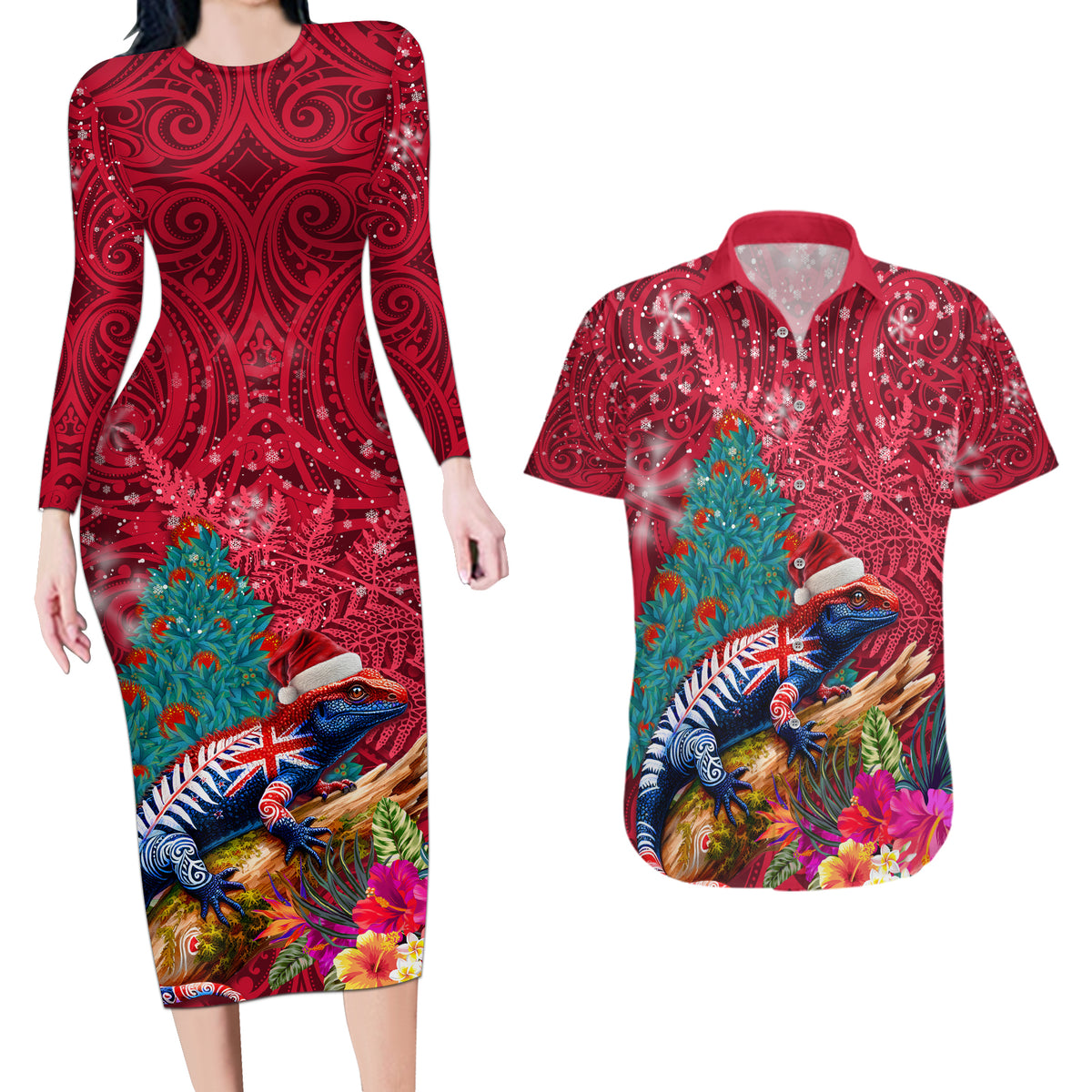 New Zealand Tuatara Christmas Couples Matching Long Sleeve Bodycon Dress and Hawaiian Shirt Silver Fern and Xmas Pohutukawa Tree Red Color LT03 Red - Polynesian Pride