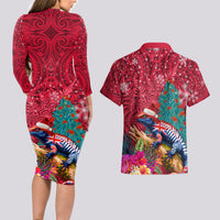 New Zealand Tuatara Christmas Couples Matching Long Sleeve Bodycon Dress and Hawaiian Shirt Silver Fern and Xmas Pohutukawa Tree Red Color LT03 - Polynesian Pride