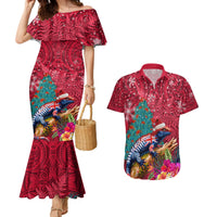 New Zealand Tuatara Christmas Couples Matching Mermaid Dress and Hawaiian Shirt Silver Fern and Xmas Pohutukawa Tree Red Color LT03 Red - Polynesian Pride
