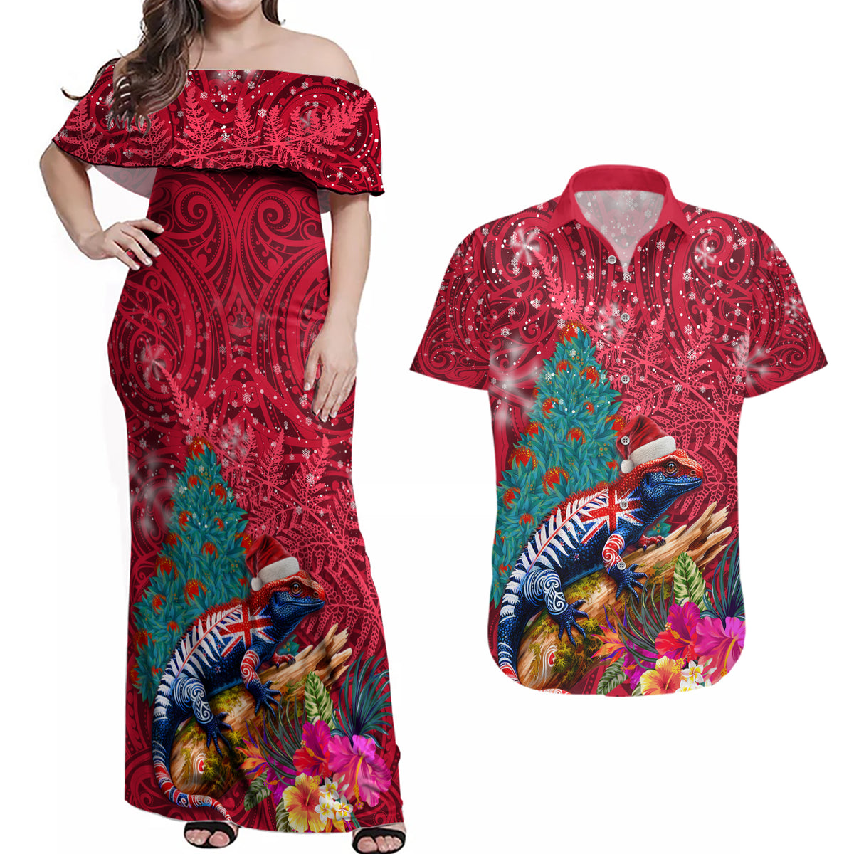 New Zealand Tuatara Christmas Couples Matching Off Shoulder Maxi Dress and Hawaiian Shirt Silver Fern and Xmas Pohutukawa Tree Red Color LT03 Red - Polynesian Pride