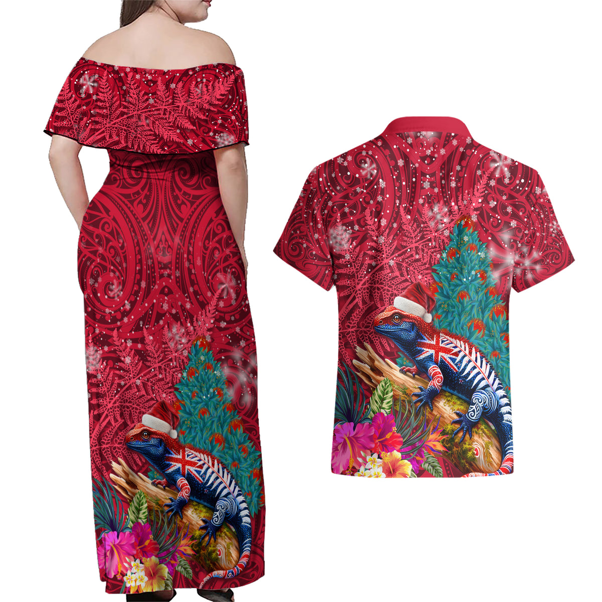 New Zealand Tuatara Christmas Couples Matching Off Shoulder Maxi Dress and Hawaiian Shirt Silver Fern and Xmas Pohutukawa Tree Red Color LT03 - Polynesian Pride