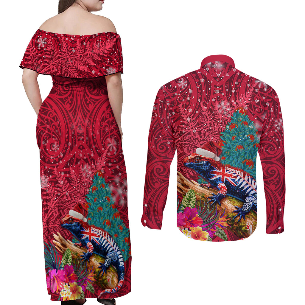 New Zealand Tuatara Christmas Couples Matching Off Shoulder Maxi Dress and Long Sleeve Button Shirt Silver Fern and Xmas Pohutukawa Tree Red Color LT03 - Polynesian Pride