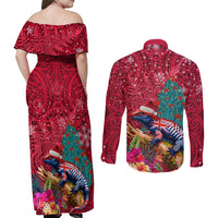 New Zealand Tuatara Christmas Couples Matching Off Shoulder Maxi Dress and Long Sleeve Button Shirt Silver Fern and Xmas Pohutukawa Tree Red Color LT03 - Polynesian Pride