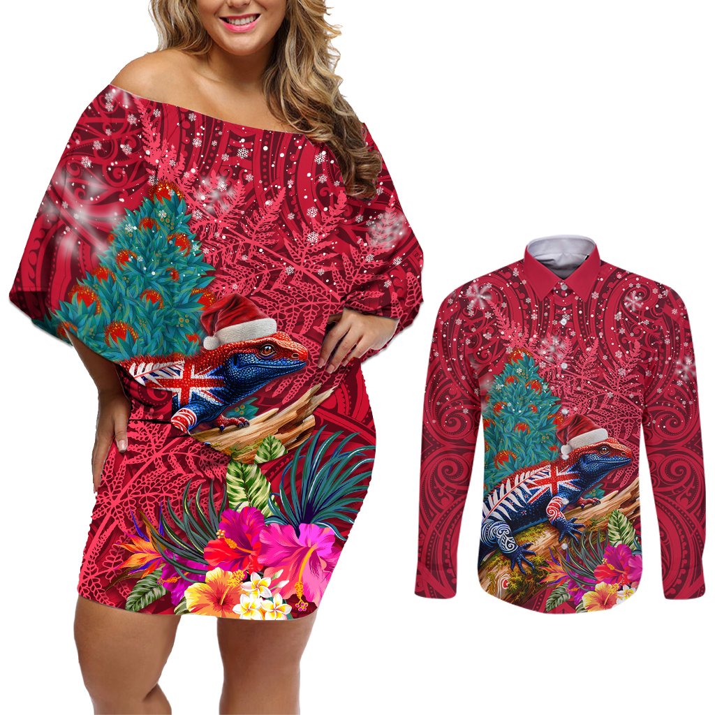 New Zealand Tuatara Christmas Couples Matching Off Shoulder Short Dress and Long Sleeve Button Shirt Silver Fern and Xmas Pohutukawa Tree Red Color LT03 Red - Polynesian Pride