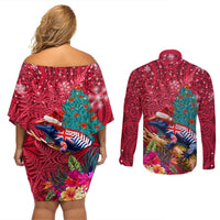 New Zealand Tuatara Christmas Couples Matching Off Shoulder Short Dress and Long Sleeve Button Shirt Silver Fern and Xmas Pohutukawa Tree Red Color LT03 - Polynesian Pride