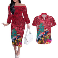 New Zealand Tuatara Christmas Couples Matching Off The Shoulder Long Sleeve Dress and Hawaiian Shirt Silver Fern and Xmas Pohutukawa Tree Red Color LT03 Red - Polynesian Pride