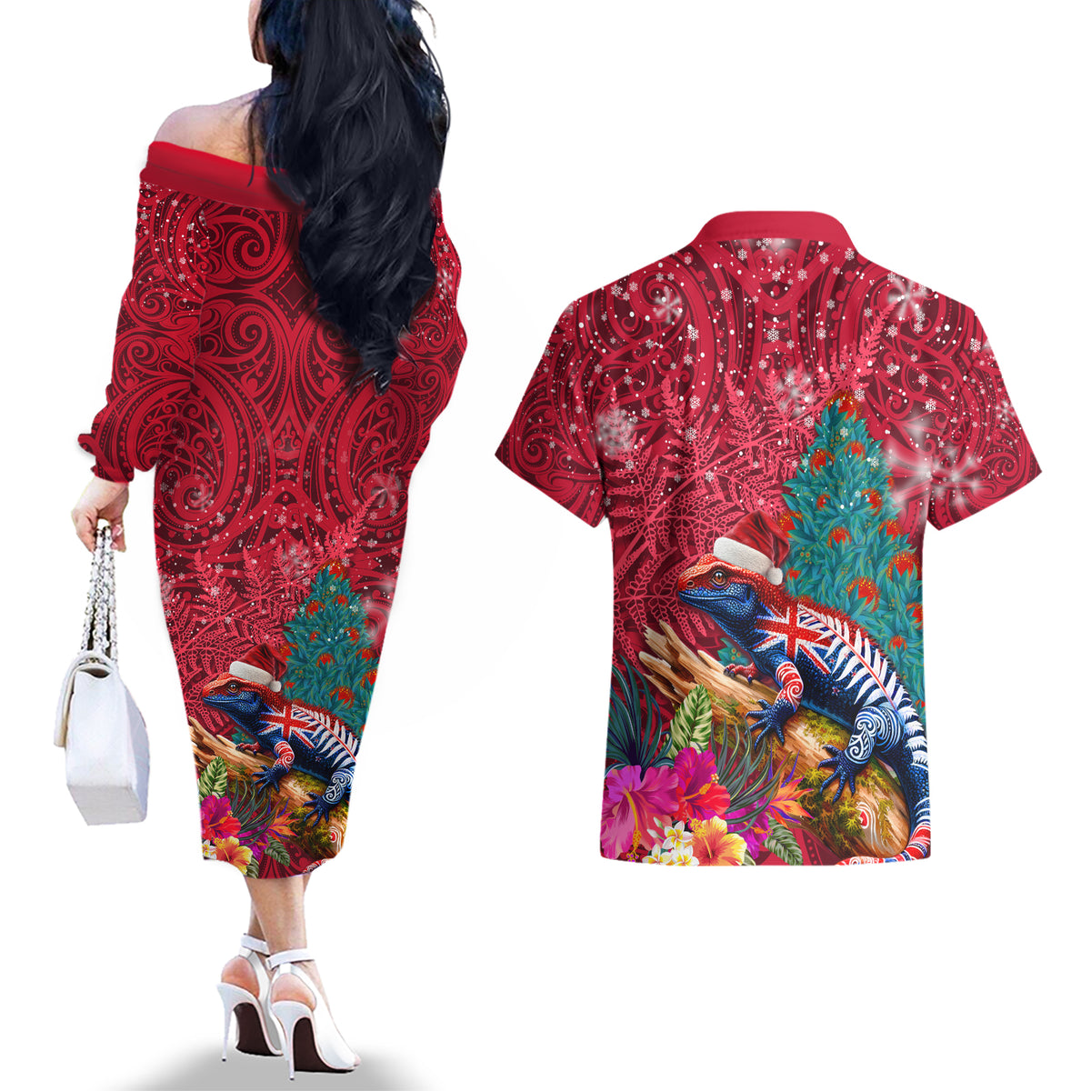 New Zealand Tuatara Christmas Couples Matching Off The Shoulder Long Sleeve Dress and Hawaiian Shirt Silver Fern and Xmas Pohutukawa Tree Red Color LT03 - Polynesian Pride
