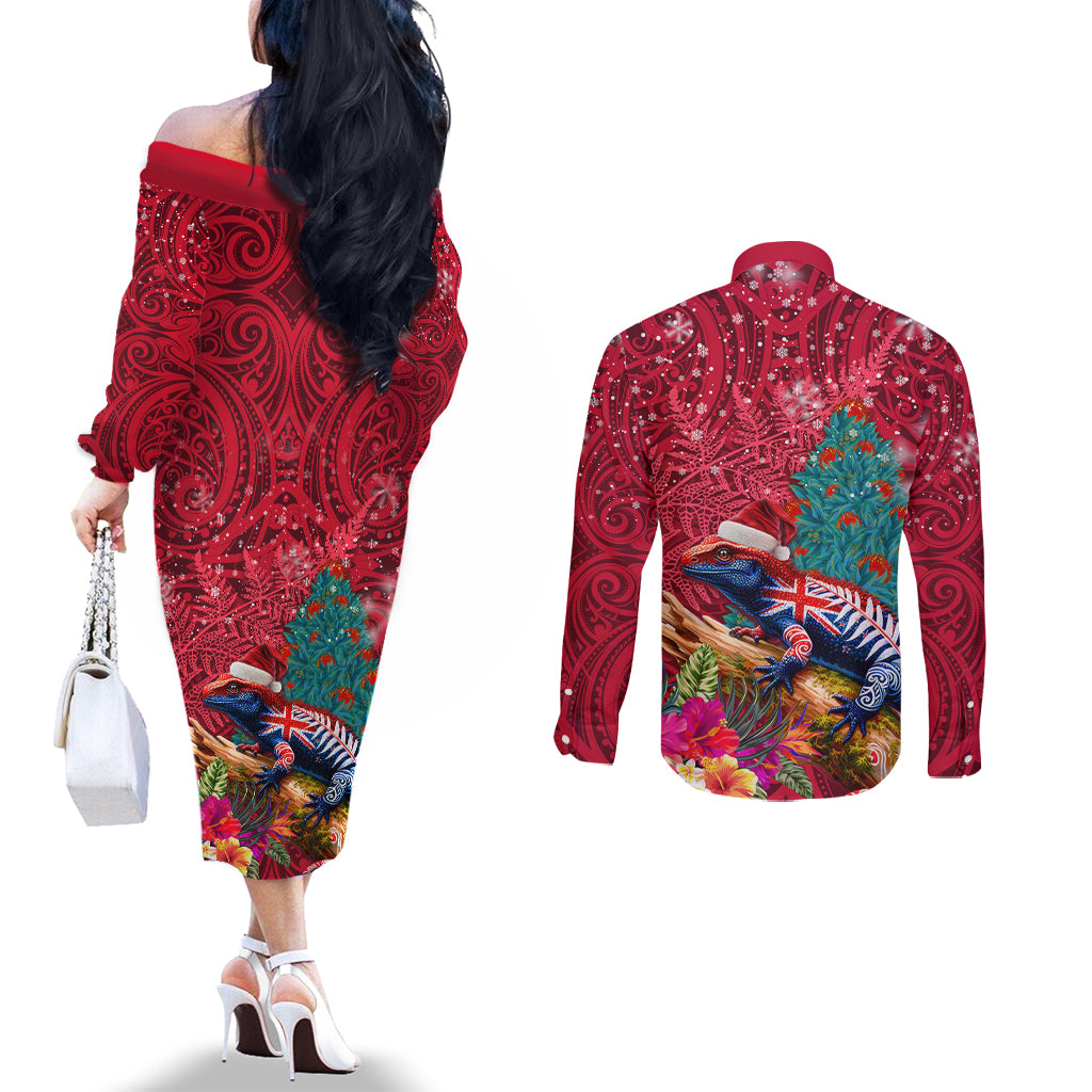 New Zealand Tuatara Christmas Couples Matching Off The Shoulder Long Sleeve Dress and Long Sleeve Button Shirt Silver Fern and Xmas Pohutukawa Tree Red Color LT03 - Polynesian Pride