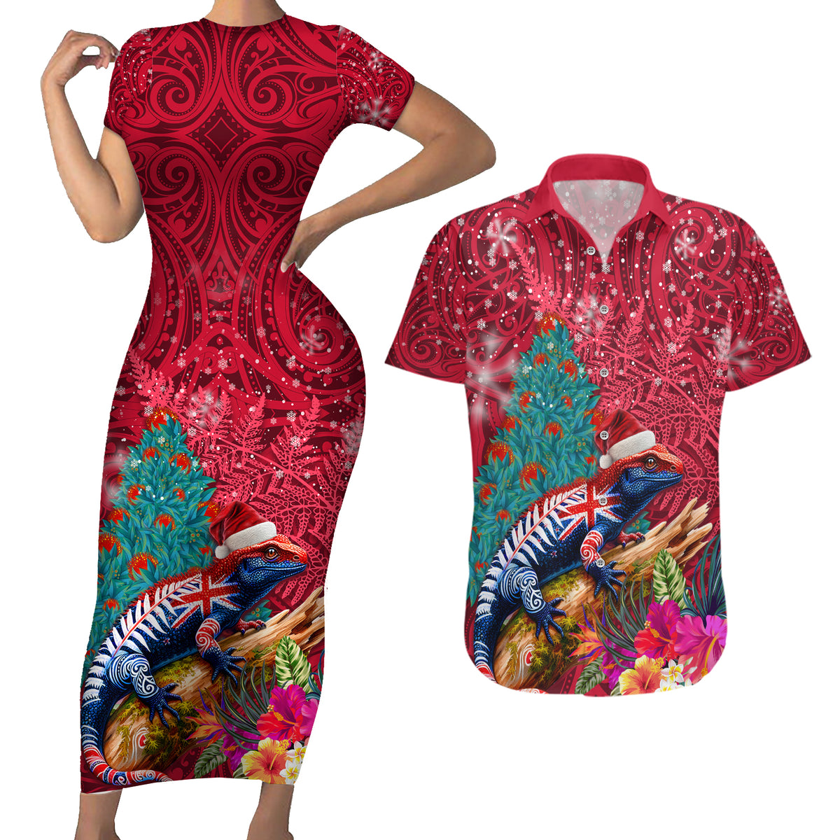 New Zealand Tuatara Christmas Couples Matching Short Sleeve Bodycon Dress and Hawaiian Shirt Silver Fern and Xmas Pohutukawa Tree Red Color LT03 Red - Polynesian Pride