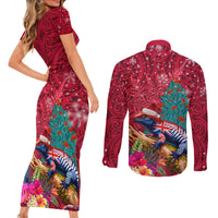 New Zealand Tuatara Christmas Couples Matching Short Sleeve Bodycon Dress and Long Sleeve Button Shirt Silver Fern and Xmas Pohutukawa Tree Red Color LT03 - Polynesian Pride