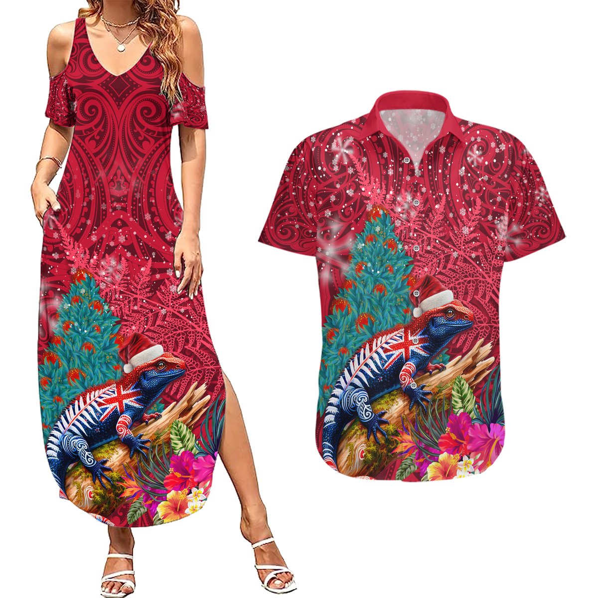 New Zealand Tuatara Christmas Couples Matching Summer Maxi Dress and Hawaiian Shirt Silver Fern and Xmas Pohutukawa Tree Red Color LT03 Red - Polynesian Pride