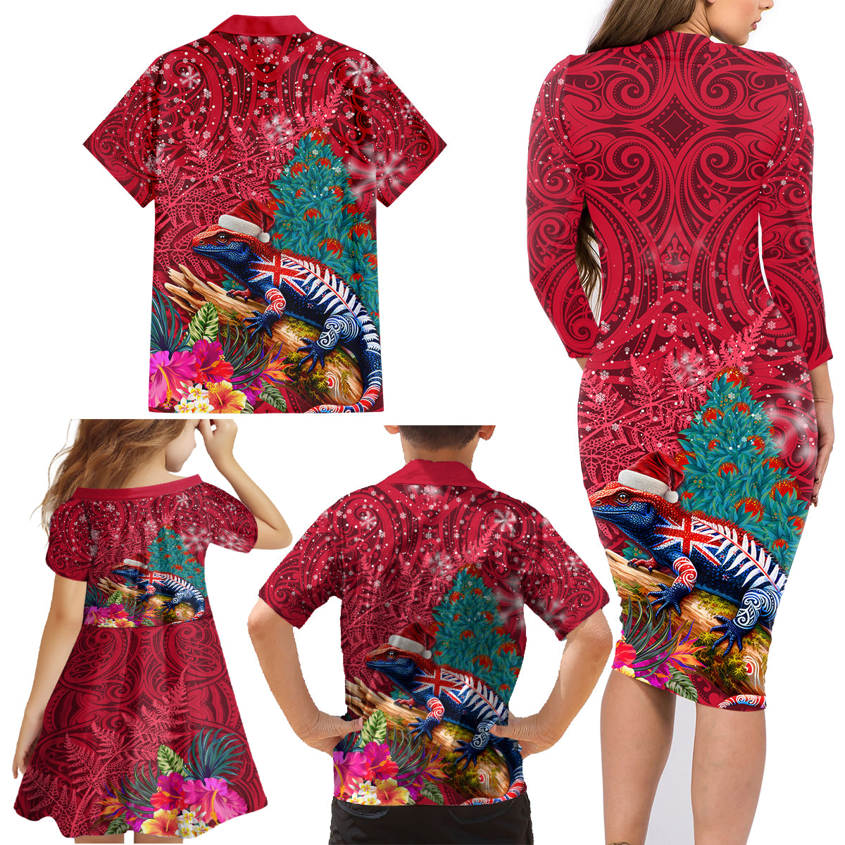 New Zealand Tuatara Christmas Family Matching Long Sleeve Bodycon Dress and Hawaiian Shirt Silver Fern and Xmas Pohutukawa Tree Red Color LT03 - Polynesian Pride