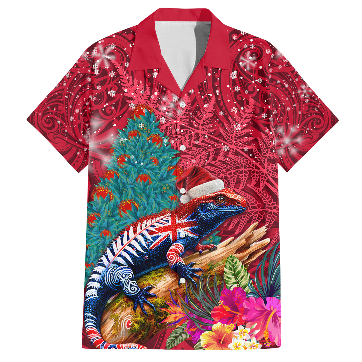 New Zealand Tuatara Christmas Family Matching Long Sleeve Bodycon Dress and Hawaiian Shirt Silver Fern and Xmas Pohutukawa Tree Red Color LT03 Dad's Shirt - Short Sleeve Red - Polynesian Pride