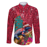 New Zealand Tuatara Christmas Family Matching Long Sleeve Bodycon Dress and Hawaiian Shirt Silver Fern and Xmas Pohutukawa Tree Red Color LT03 Dad's Shirt - Long Sleeve Red - Polynesian Pride