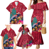 New Zealand Tuatara Christmas Family Matching Mermaid Dress and Hawaiian Shirt Silver Fern and Xmas Pohutukawa Tree Red Color LT03 - Polynesian Pride