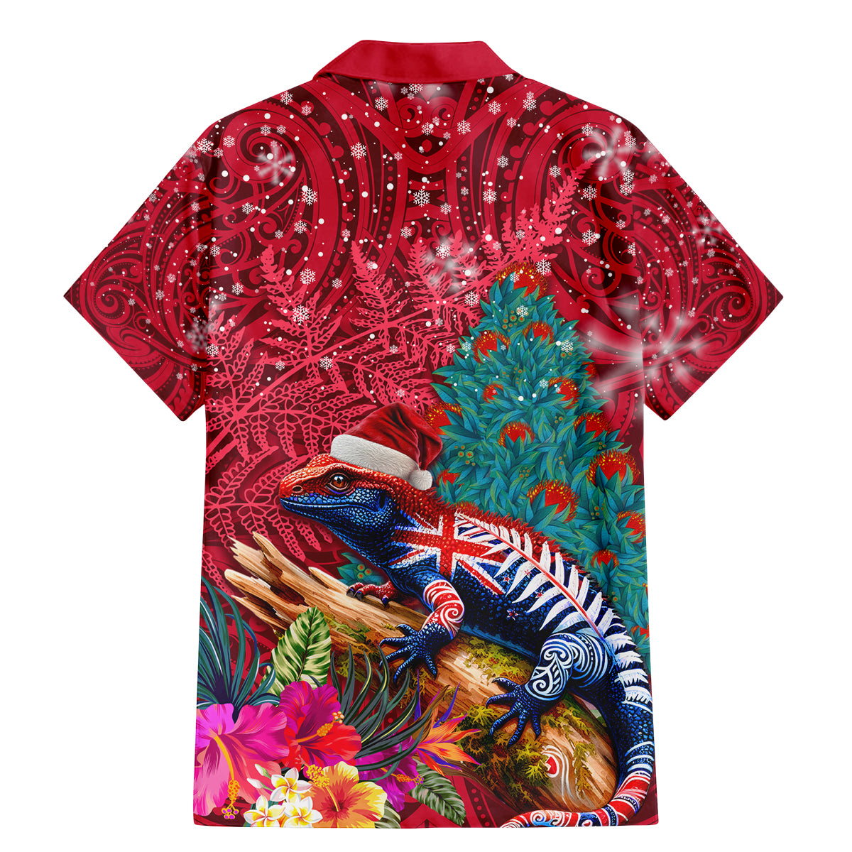 New Zealand Tuatara Christmas Family Matching Mermaid Dress and Hawaiian Shirt Silver Fern and Xmas Pohutukawa Tree Red Color LT03 - Polynesian Pride