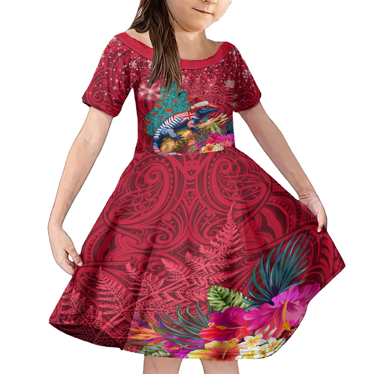 New Zealand Tuatara Christmas Family Matching Off The Shoulder Long Sleeve Dress and Hawaiian Shirt Silver Fern and Xmas Pohutukawa Tree Red Color LT03 Daughter's Dress Red - Polynesian Pride
