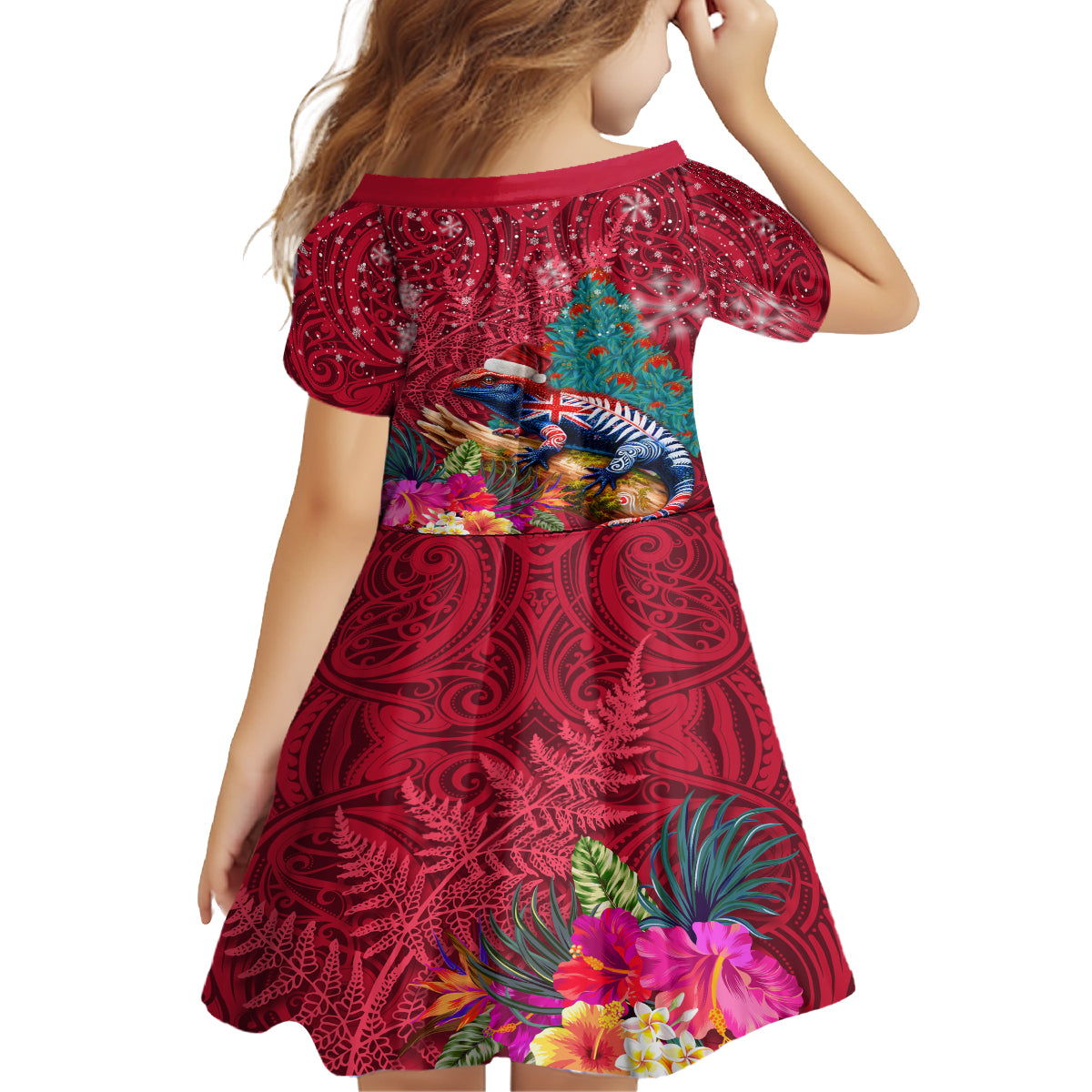 New Zealand Tuatara Christmas Family Matching Off The Shoulder Long Sleeve Dress and Hawaiian Shirt Silver Fern and Xmas Pohutukawa Tree Red Color LT03 - Polynesian Pride