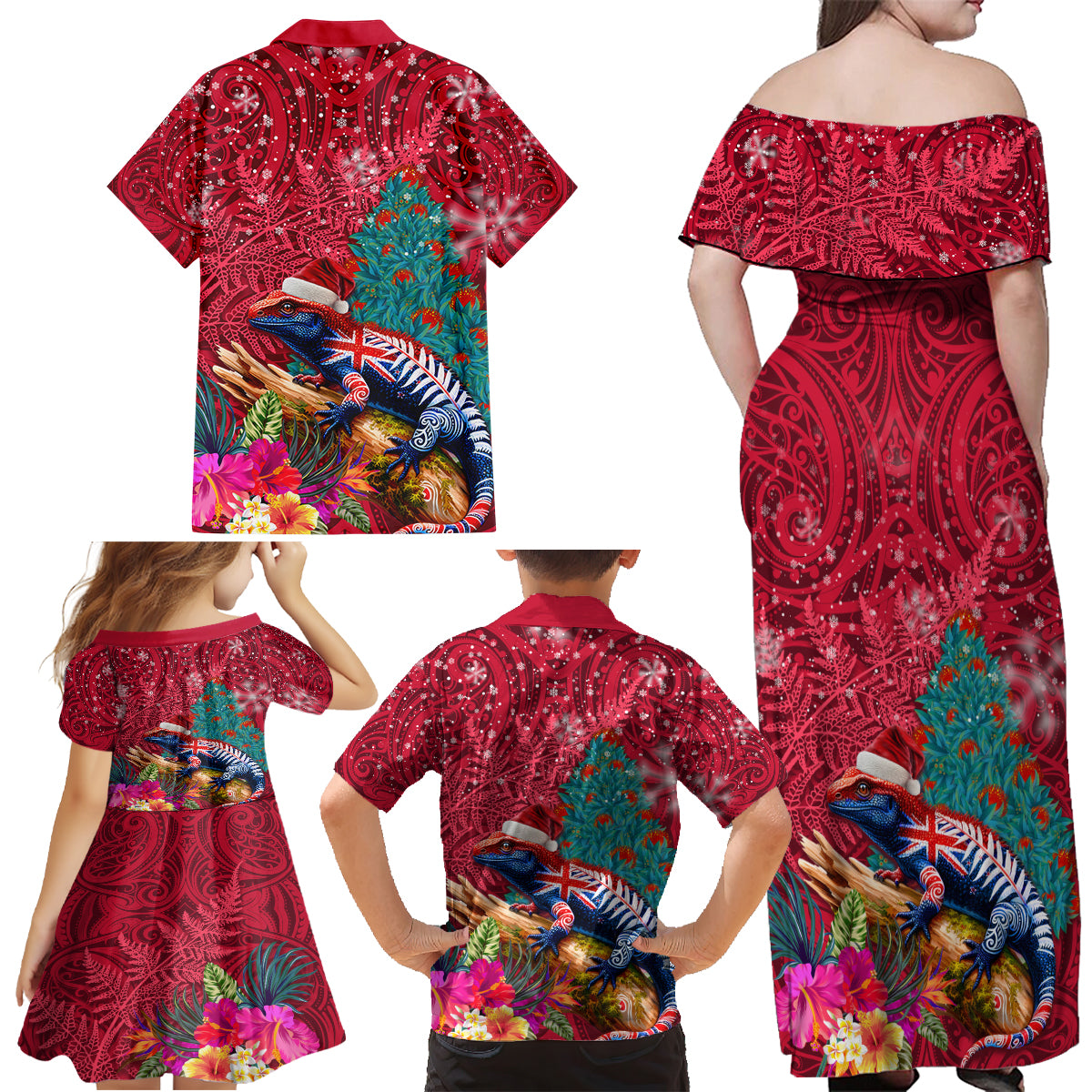 New Zealand Tuatara Christmas Family Matching Off Shoulder Maxi Dress and Hawaiian Shirt Silver Fern and Xmas Pohutukawa Tree Red Color LT03 - Polynesian Pride