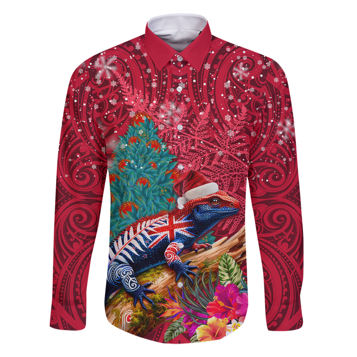 New Zealand Tuatara Christmas Family Matching Off Shoulder Maxi Dress and Hawaiian Shirt Silver Fern and Xmas Pohutukawa Tree Red Color LT03 Dad's Shirt - Long Sleeve Red - Polynesian Pride