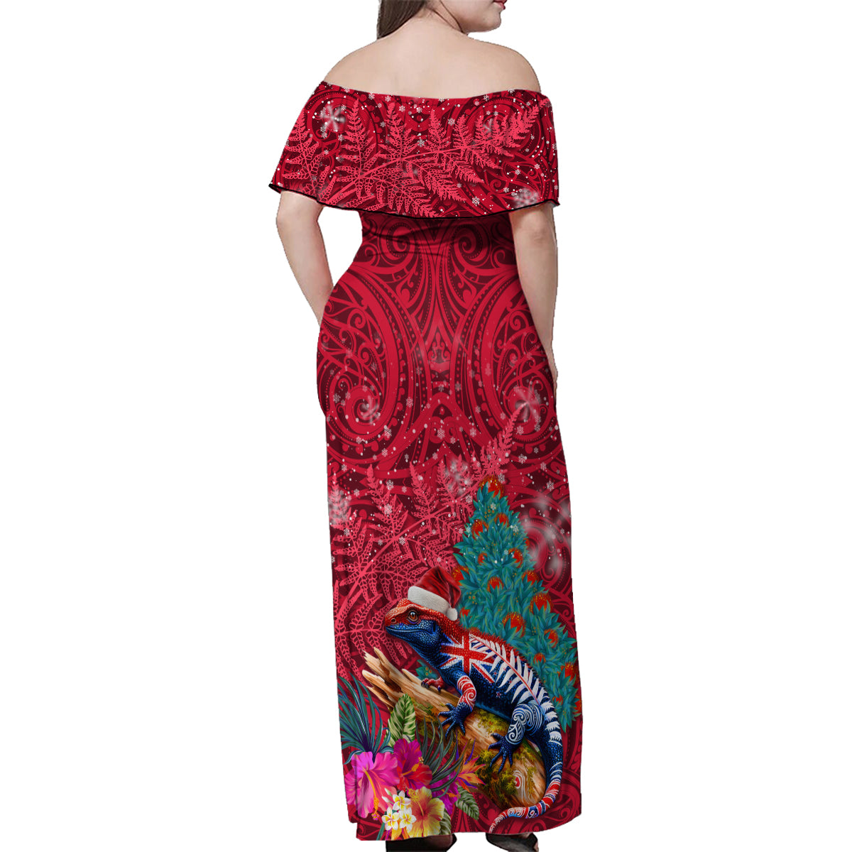 New Zealand Tuatara Christmas Family Matching Off Shoulder Maxi Dress and Hawaiian Shirt Silver Fern and Xmas Pohutukawa Tree Red Color LT03 - Polynesian Pride