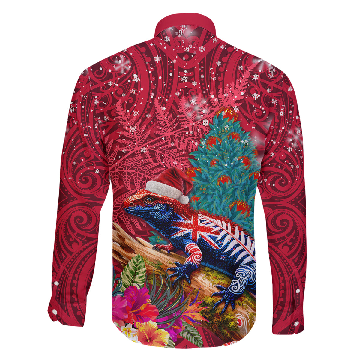 New Zealand Tuatara Christmas Family Matching Off Shoulder Short Dress and Hawaiian Shirt Silver Fern and Xmas Pohutukawa Tree Red Color LT03 - Polynesian Pride