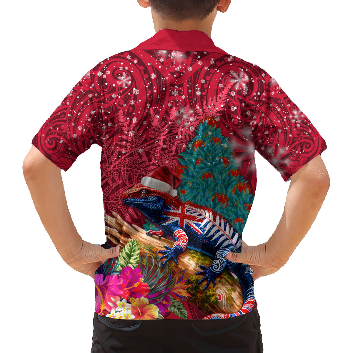 New Zealand Tuatara Christmas Family Matching Puletasi and Hawaiian Shirt Silver Fern and Xmas Pohutukawa Tree Red Color LT03 - Polynesian Pride