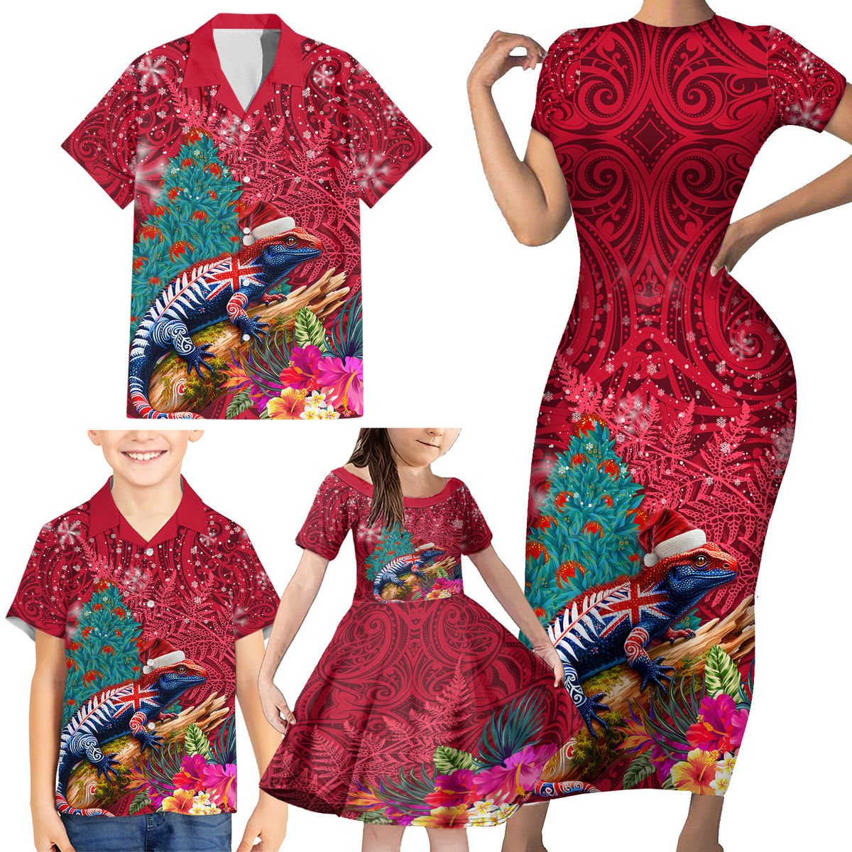 New Zealand Tuatara Christmas Family Matching Short Sleeve Bodycon Dress and Hawaiian Shirt Silver Fern and Xmas Pohutukawa Tree Red Color LT03 - Polynesian Pride