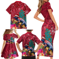 New Zealand Tuatara Christmas Family Matching Short Sleeve Bodycon Dress and Hawaiian Shirt Silver Fern and Xmas Pohutukawa Tree Red Color LT03 - Polynesian Pride