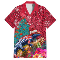 New Zealand Tuatara Christmas Family Matching Short Sleeve Bodycon Dress and Hawaiian Shirt Silver Fern and Xmas Pohutukawa Tree Red Color LT03 Dad's Shirt - Short Sleeve Red - Polynesian Pride