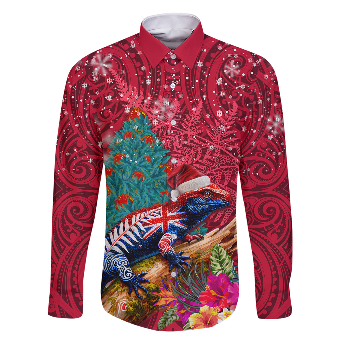 New Zealand Tuatara Christmas Family Matching Short Sleeve Bodycon Dress and Hawaiian Shirt Silver Fern and Xmas Pohutukawa Tree Red Color LT03 Dad's Shirt - Long Sleeve Red - Polynesian Pride