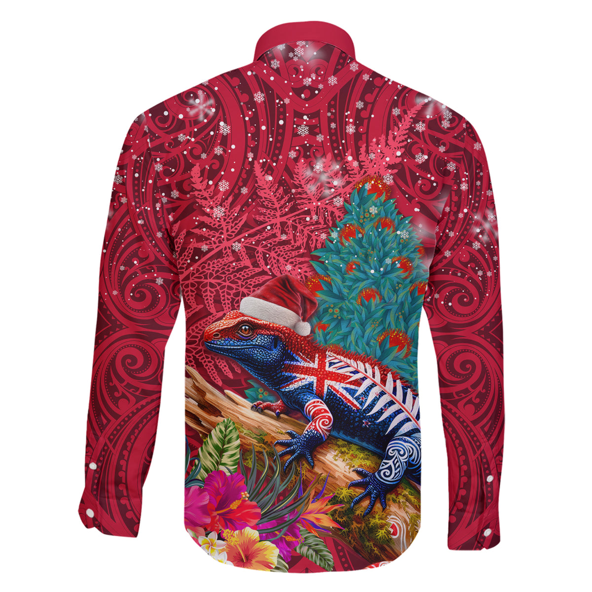 New Zealand Tuatara Christmas Family Matching Short Sleeve Bodycon Dress and Hawaiian Shirt Silver Fern and Xmas Pohutukawa Tree Red Color LT03 - Polynesian Pride