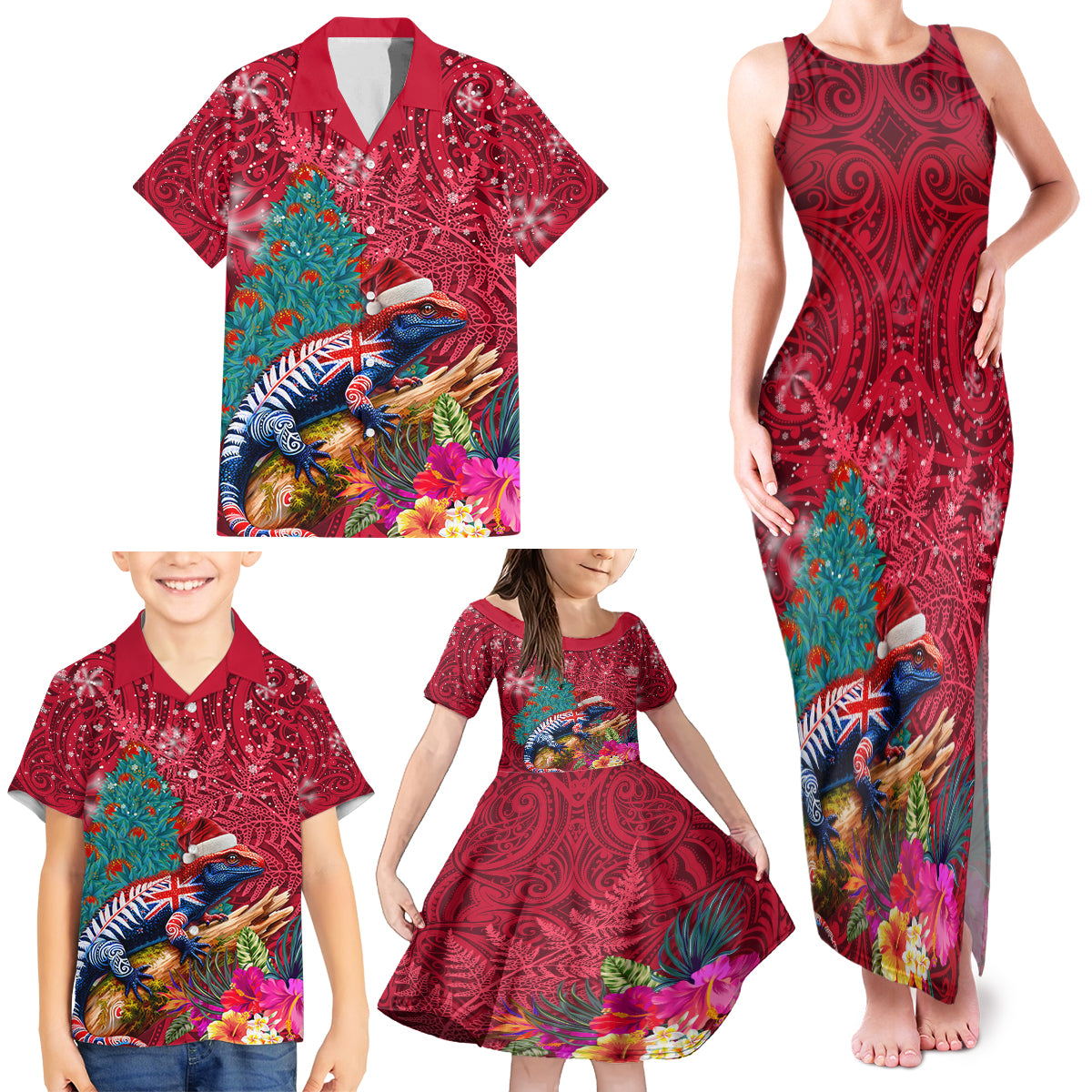 New Zealand Tuatara Christmas Family Matching Tank Maxi Dress and Hawaiian Shirt Silver Fern and Xmas Pohutukawa Tree Red Color LT03 - Polynesian Pride