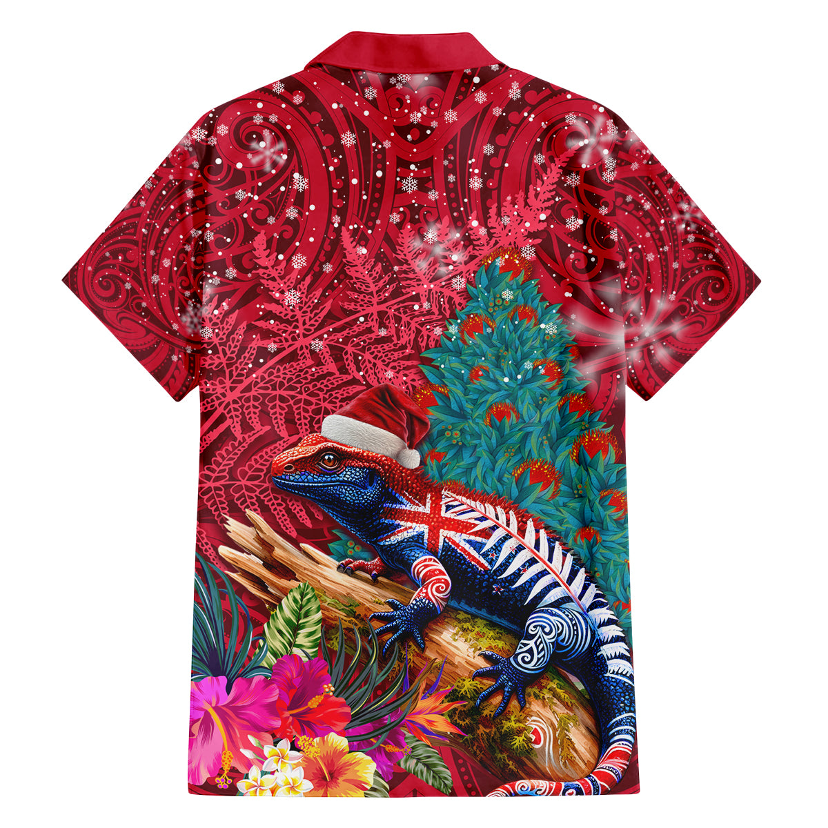 New Zealand Tuatara Christmas Family Matching Tank Maxi Dress and Hawaiian Shirt Silver Fern and Xmas Pohutukawa Tree Red Color LT03 - Polynesian Pride