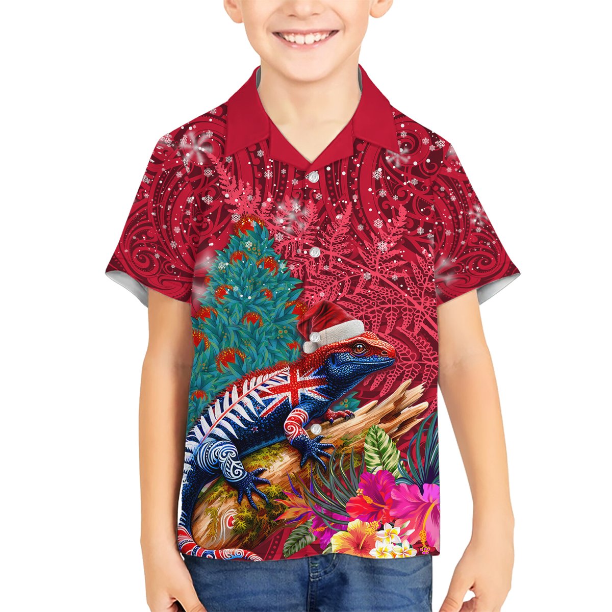 New Zealand Tuatara Christmas Hawaiian Shirt Silver Fern and Xmas Pohutukawa Tree Red Color LT03 - Polynesian Pride