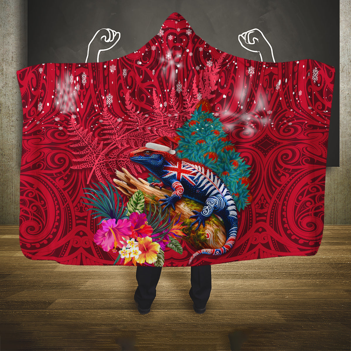 New Zealand Tuatara Christmas Hooded Blanket Silver Fern and Xmas Pohutukawa Tree Red Color LT03 One Size Red - Polynesian Pride