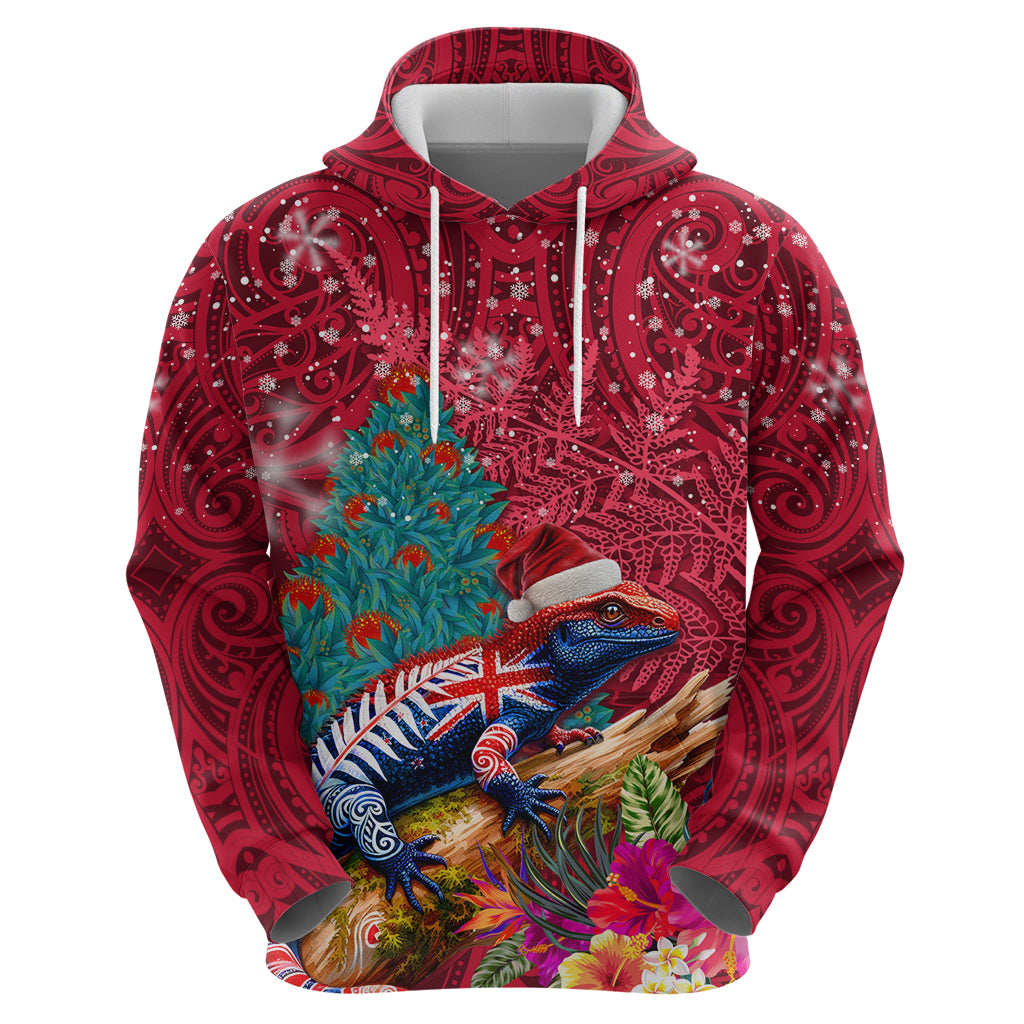 New Zealand Tuatara Christmas Hoodie Silver Fern and Xmas Pohutukawa Tree Red Color LT03 - Polynesian Pride